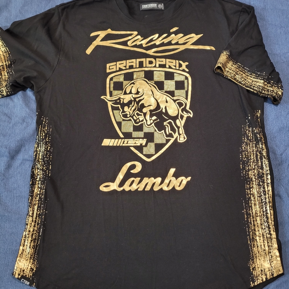 Mens T-Shirt GRAND PRIX RACING with GOLD FOIL Seams Urban Style Black 2XL